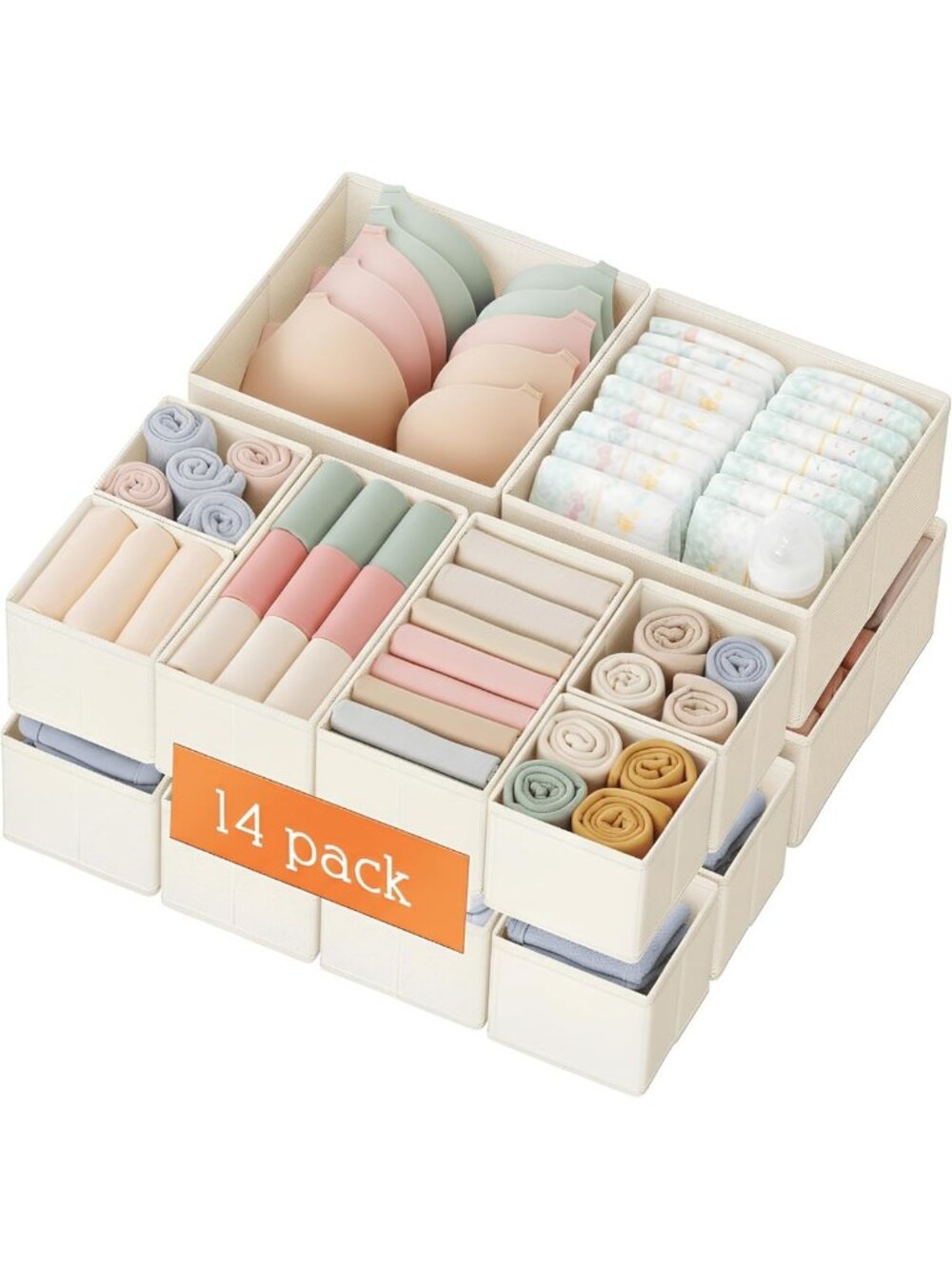 14-Pack Drawer Organizer Set for Baby Clothes, Underwear & Socks - Foldable